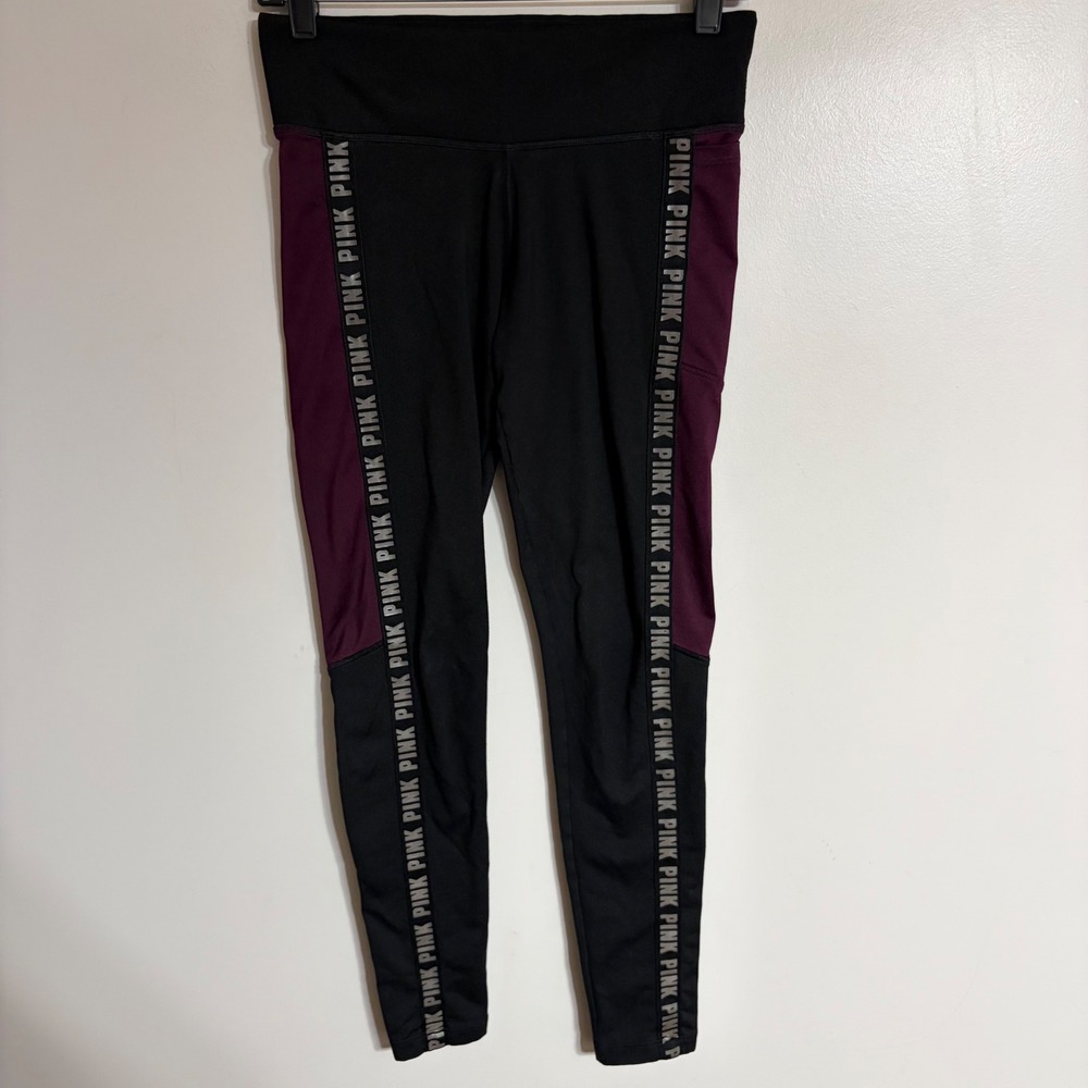 Victoria's Secret PINK Cozy Leggings Black Burgundy Logo Tape Side Pocket Small